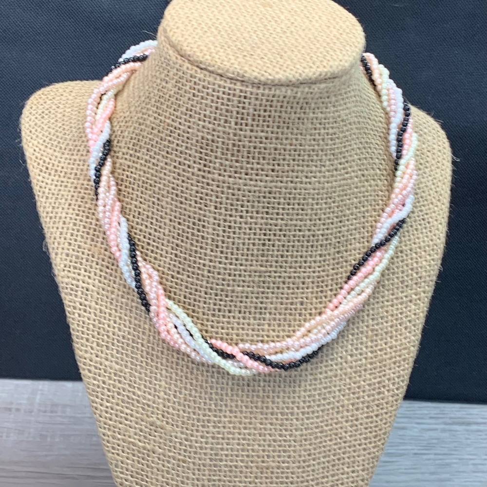 Vintage Multi Strand Pink White Black Faux Pearl Torsade Necklace 16 Inch